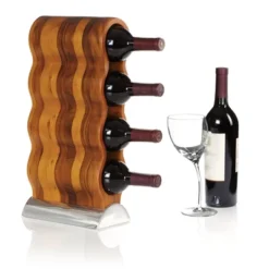 Nambe Handcrafted Acacia Wood Curvo Winery Rack With Alloy Metal Base Modern Design, Holds 4 Bottles, Brown Silver