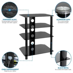 Mount-It! AV Component Media Stand, Audio Tower And Media Center With 4 Tempered Glass Shelves, 88 Lbs. Capacity, Black Silk