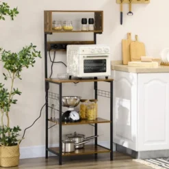 HOMCOM Kitchen Baker's Rack With Power Outlet, USB Charger, Microwave Stand, Coffee Bar With Adjustable Shelves, 5 Hooks, Rustic Brown -Famous Furniture Store GUEST 794881d6 93a0 4442 8ac5 27d5a5299289