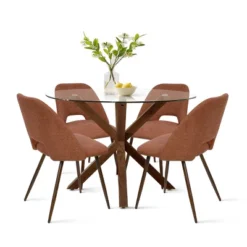 Oliver+Edwin 5-Piece Round Clear Glass Dining Table Set With 4 Upholstered Chairs Walnut Legs -The Pop Maison -Famous Furniture Store GUEST 79ad2923 62de 4f03 884b d2487d4f6d2b