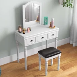 Costway Vanity Table Set Makeup Desk Cushioned Stool 3 Drawer Large Mirror White/Walnut -Famous Furniture Store GUEST 80a2e01a 3f4e 4083 8c45 2f56f4d7fc02