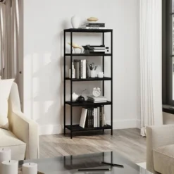 Lavish Home 5-Tier Open Industrial Style Wooden Bookshelf, Black Woodgrain -Famous Furniture Store GUEST 814b6888 8cf1 4709 9ae5 4b820064124b