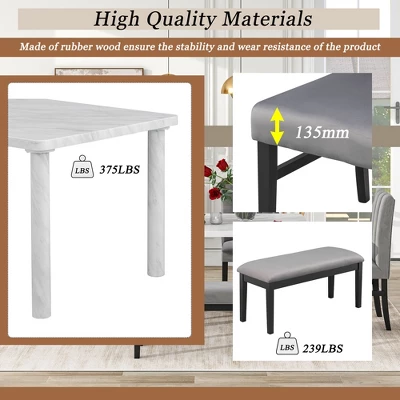 6 PCS Dining Table Set With Marble Veneer Table And 4 Flannelette Upholstered Dining Chairs & Bench-ModernLuxe 8 6 PCS Dining Table Set With Marble Veneer Table And 4 Flannelette Upholstered Dining Chairs & Bench-ModernLuxe - Image 6
