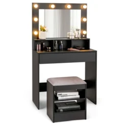 Costway Vanity Table Set With Lighted Mirror 8 LED Bulbs Large Drawer Cushion Stool -Famous Furniture Store GUEST 84cb06d4 aa84 40d1 a200 b047208e469d