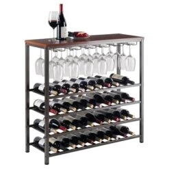 Michelle Wine Rack With Glass Hanger Metal/Antique Bronze/Teak - Winsome