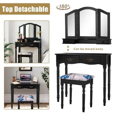 Costway Black Tri Folding Mirror Vanity Makeup Table Stool 4 Drawers 7 Costway Black Tri Folding Mirror Vanity Makeup Table Stool 4 Drawers - Image 5