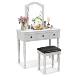 Costway Vanity Table Set Makeup Desk Cushioned Stool 3 Drawer Large Mirror White/Walnut -Famous Furniture Store GUEST 8821c51e e8e4 420a 9c14 c4e33c188562
