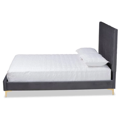 Queen Serrano Velvet Fabric Upholstered And Metal Platform Bed Gray/Gold - Baxton Studio 4 Queen Serrano Velvet Fabric Upholstered And Metal Platform Bed Gray/Gold - Baxton Studio - Image 2