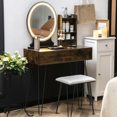 Costway Vanity Table Set Lighted Mirror Storage Drawer Shelf Cushion Stool 4 Costway Vanity Table Set Lighted Mirror Storage Drawer Shelf Cushion Stool - Image 2