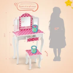 Costway Kid Vanity Set Wooden Makeup Table Stool Tri-Folding Mirror Polka Dot Print Pink -Famous Furniture Store GUEST 8bbce9a7 dfbc 4e51 a991 1bda49d2b6bc