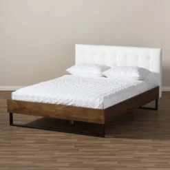 King Mitchell Rustic Industrial Walnut Wood And Faux Leather Metal Platform Bed White - Baxton Studio -Famous Furniture Store GUEST 8d2d1efe 6e18 46e2 8781 aea935a242f1