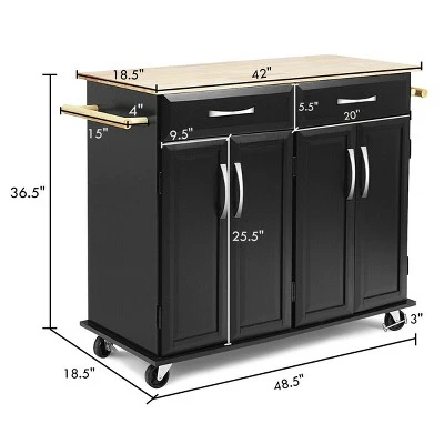 Costway Rolling Kitchen Trolley Island Black Cart Wood Top Storage Cabinet Utility W/ Drawers 4 Costway Rolling Kitchen Trolley Island Black Cart Wood Top Storage Cabinet Utility W/ Drawers - Image 2