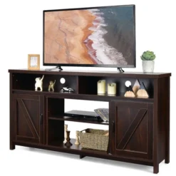 Costway 59'' TV Stand Media Center Console Cabinet W/ Barn Door For TV's 65'' NaturalBlackCoffee -Famous Furniture Store GUEST 91d774f7 9c8d 450a aa24 be458dc9fd62