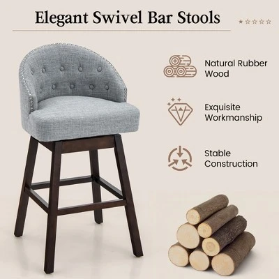 Costway Set Of 4 Swivel Bar Stools Tufted Bar Height Pub Chairs With Rubber Wood Legs Grey/Beige 6 Costway Set Of 4 Swivel Bar Stools Tufted Bar Height Pub Chairs With Rubber Wood Legs Grey/Beige - Image 4