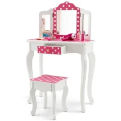 Costway Kid Vanity Set Wooden Makeup Table Stool Tri-Folding Mirror Polka Dot Print Pink -Famous Furniture Store GUEST 95e7fe05 7631 41ca 84b4 e1b451680738