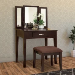 Wooden Vanity Table With 3 Panel Mirror And Padded Stool Brown - Benzara 9 Wooden Vanity Table With 3 Panel Mirror And Padded Stool Brown - Benzara -Famous Furniture Store GUEST 9619d486 9469 49f5 901a a7a4f84b9d76