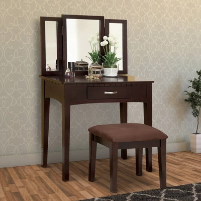 Wooden Vanity Table With 3 Panel Mirror And Padded Stool Brown - Benzara 6 Wooden Vanity Table With 3 Panel Mirror And Padded Stool Brown - Benzara - Image 4