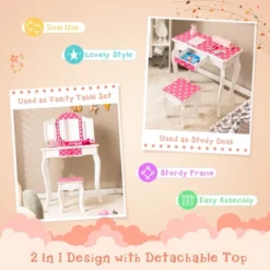 Costway Kid Vanity Set Wooden Makeup Table Stool Tri-Folding Mirror Polka Dot Print Pink -Famous Furniture Store GUEST 9918f93e b07d 468a 88e8 ba911013edd6