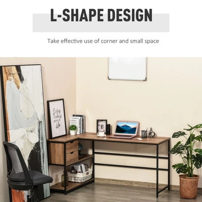 HOMCOM L-Shaped Home Office Writing Desk With Storage Shelf Drawer Industrial Corner PC Study Table Computer Workstation Brown 5 HOMCOM L-Shaped Home Office Writing Desk With Storage Shelf Drawer Industrial Corner PC Study Table Computer Workstation Brown - Image 3