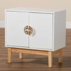Kamana Two-Tone Wood And Metal 2 Door Storage Cabinet White/Gold/Oak Brown - Baxton Studio -Famous Furniture Store GUEST 9f185497 f7b1 49bf ae4a 26b802e73e4a
