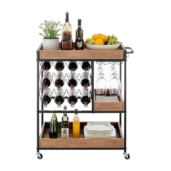 12 Bottles Rustic Walnut Wood And Metal Rolling Farmhouse Style Bar Cart Brown/Black - Danya B. -Famous Furniture Store GUEST a0923b20 66ef 40f3 b0e5 476f51174c68