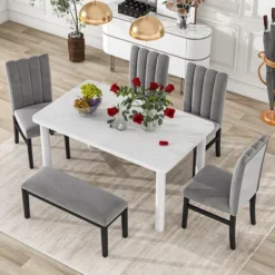 6 PCS Dining Table Set With Marble Veneer Table And 4 Flannelette Upholstered Dining Chairs & Bench-ModernLuxe