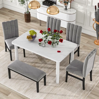 6 PCS Dining Table Set With Marble Veneer Table And 4 Flannelette Upholstered Dining Chairs & Bench-ModernLuxe 3 6 PCS Dining Table Set With Marble Veneer Table And 4 Flannelette Upholstered Dining Chairs & Bench-ModernLuxe