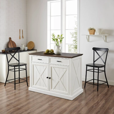 Clifton Kitchen Island With Camille Stools Distressed White/Black - Crosley 3 Clifton Kitchen Island With Camille Stools Distressed White/Black - Crosley