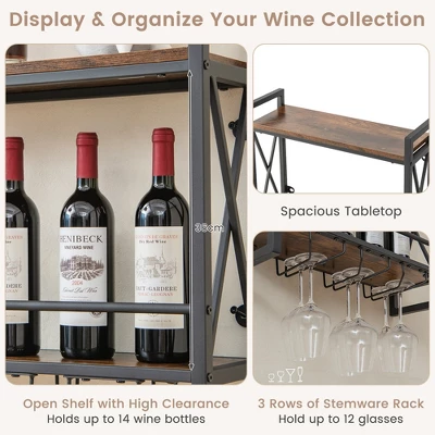 Costway Wall Mounted Wine Rack Industrial 2-Tier Wood Shelf With 3 Stem Glass Holders 7 Costway Wall Mounted Wine Rack Industrial 2-Tier Wood Shelf With 3 Stem Glass Holders - Image 5