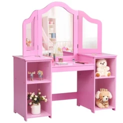 Costway Vanity Table Set Makeup Dressing Kids Girls Study Table Tri Folding Mirror WhitePink -Famous Furniture Store GUEST a9e084a4 8665 46b7 b704 7d5a0da74c60