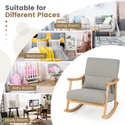 Costway Upholstered Rocking Chair With Pillow Rocking Armchair With Rubber Wood Frame Grey 9 Costway Upholstered Rocking Chair With Pillow Rocking Armchair With Rubber Wood Frame Grey - Image 7