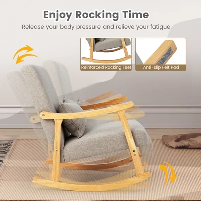 Costway Upholstered Rocking Chair With Pillow Rocking Armchair With Rubber Wood Frame Grey 7 Costway Upholstered Rocking Chair With Pillow Rocking Armchair With Rubber Wood Frame Grey - Image 5