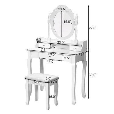 Costway White Vanity Wood Makeup Dressing Table Stool 3 Drawer 5 Costway White Vanity Wood Makeup Dressing Table Stool 3 Drawer - Image 3