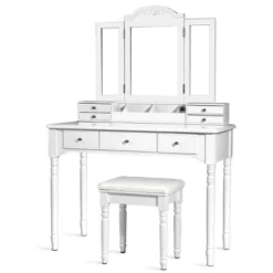 Tangkula 7 Drawers Tri-Folding Vanity Mirror Makeup Dressing Table Set W/ Necklace Hook -Famous Furniture Store GUEST ae27b0b2 c6bf 4ee8 b8b2 e4b9a315a001