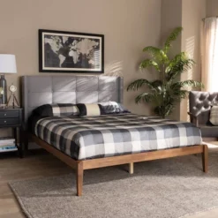 King Edmond Fabric Upholstered Wood Platform Bed Gray/Ash Walnut - Baxton Studio -Famous Furniture Store GUEST b19bb230 1a90 404e 8a9d e3ece8fca613
