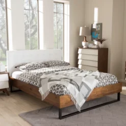 King Mitchell Rustic Industrial Walnut Wood And Faux Leather Metal Platform Bed White - Baxton Studio -Famous Furniture Store GUEST b304cdf5 4d2b 4426 bae8 b9b10ecb754a