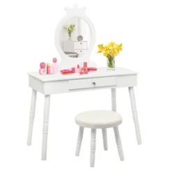 Tangkula Kids Princess Vanity Table Set W/ Chair Crown Mirror White -Famous Furniture Store GUEST b3ab2418 7897 4cbf a161 1c8ca3adcbcf