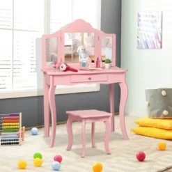 Costway Kids Vanity Table & Stool Princess Dressing Make Up Play Set For Girls Pink -Famous Furniture Store GUEST b48518ee a593 4270 991b f0a49adef908