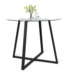 36'' Hana Glass Top Modern Round Dining Table Pedestal Black Leg-The Pop Maison -Famous Furniture Store GUEST b79a7c7c 48c8 43c3 b8c9 00bb9efe07aa