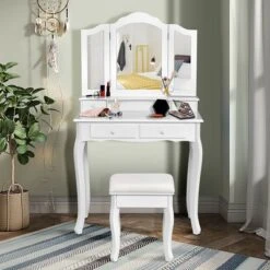 Costway Vanity Makeup Dressing Table Stool 4 Jewelry Wood Desk White -Famous Furniture Store GUEST b7c88e46 b8e8 408e a4e5 f447b5e84f25