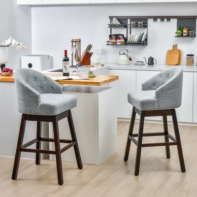 Costway Set Of 4 Swivel Bar Stools Tufted Bar Height Pub Chairs With Rubber Wood Legs Grey/Beige 5 Costway Set Of 4 Swivel Bar Stools Tufted Bar Height Pub Chairs With Rubber Wood Legs Grey/Beige - Image 3