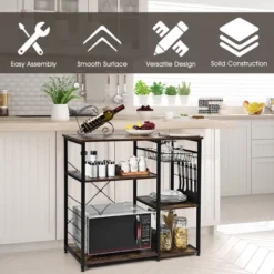 Costway Industrial Kitchen Baker's Rack Microwave Stand Utility Storage Shelf W/ 6 Hooks Steel Black -Famous Furniture Store GUEST bc357fce 1955 4b57 8547 00224f3d8f9d