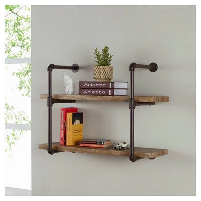 31.5" X 24" Two Tier Industrial Pipe Wall Shelf Brown - Danya B. 2 31.5" X 24" Two Tier Industrial Pipe Wall Shelf Brown - Danya B.