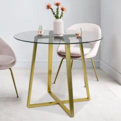 32" Hana Tempered Glass Top Modern Round Dining Table Gold 4 Point/Leg-The Pop Maison -Famous Furniture Store GUEST c465abe4 25de 4083 a7e4 3265bc406d94