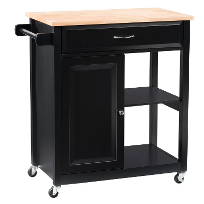 Sage Wood Kitchen Cart With Cupboard Black - CorLiving 3 Sage Wood Kitchen Cart With Cupboard Black - CorLiving