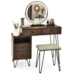 Costway Vanity Table Stool Set Dimmer LED Mirror Large Storage Cabinet Drawer Walnut BlackBrownWhite -Famous Furniture Store GUEST cac71478 b83d 4a7d 9b3b f15773bb69de