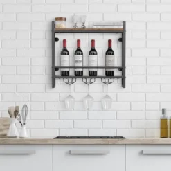 Costway Wall Mounted Wine Rack Industrial 2-Tier Wood Shelf With 3 Stem Glass Holders 9 Costway Wall Mounted Wine Rack Industrial 2-Tier Wood Shelf With 3 Stem Glass Holders -Famous Furniture Store GUEST cc00faee 7f72 451f 8ea3 b67e04032252