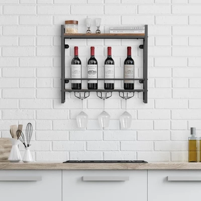 Costway Wall Mounted Wine Rack Industrial 2-Tier Wood Shelf With 3 Stem Glass Holders 4 Costway Wall Mounted Wine Rack Industrial 2-Tier Wood Shelf With 3 Stem Glass Holders - Image 2