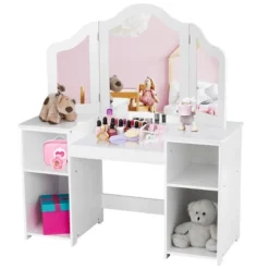 Costway Vanity Table Set Makeup Dressing Kids Girls Study Table Tri Folding Mirror WhitePink -Famous Furniture Store GUEST ccce7273 e5aa 4888 aca5 c6351d396604