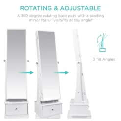 Best Choice Products 360 Swivel Standing Mirrored Jewelry Cabinet, LED-Lit Makeup Organizer W/ Mirror - White
